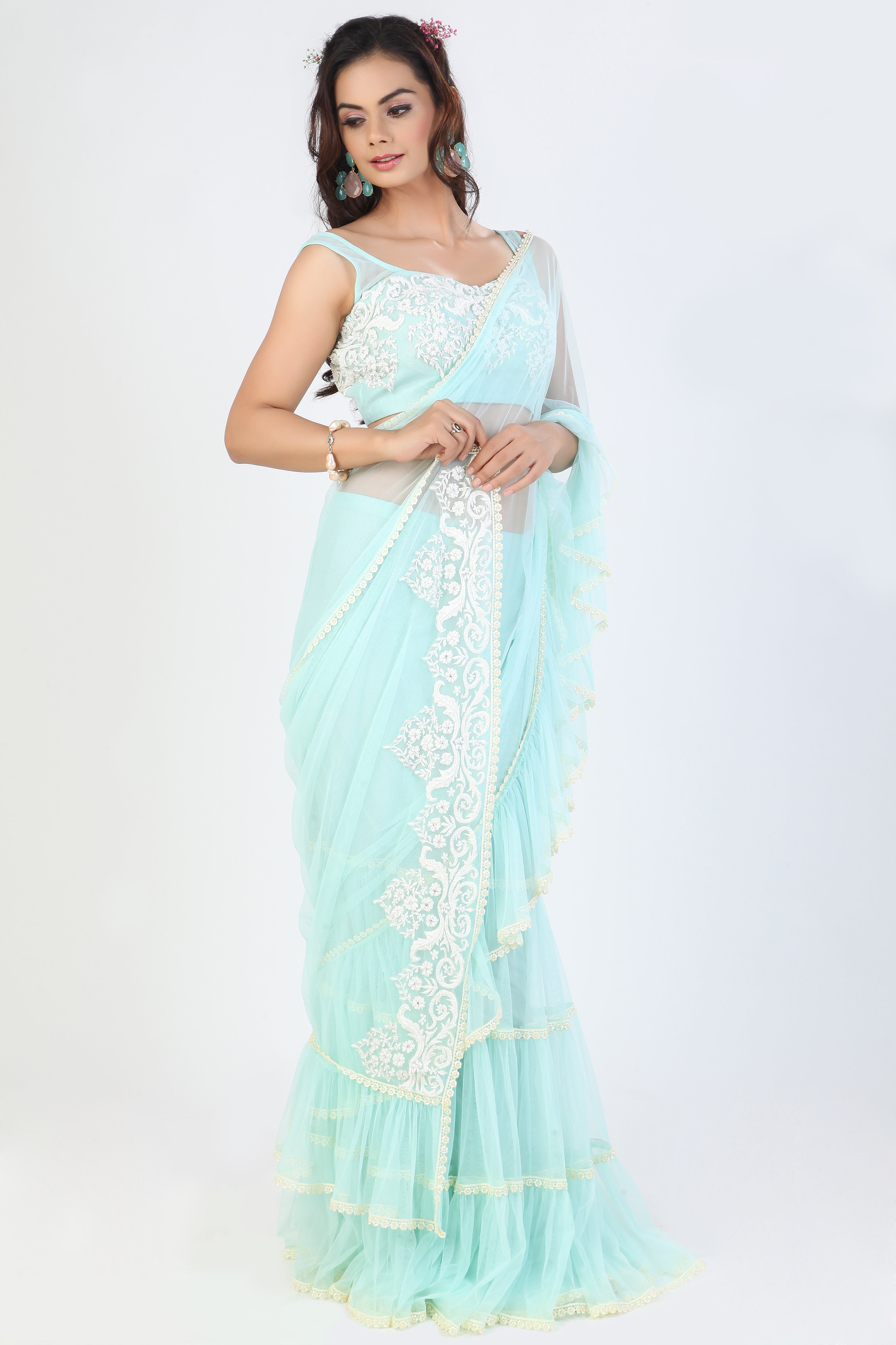 Beautiful organza ruffles Saree. | Ruffle saree, Saree designs, Saree blouse  designs